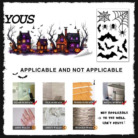 Easy Apply Halloween Decorations 2 Sheets/Set Window Stickers, Retro Haunted Castle Sticker, Static Cling Glass Bat Spider Web Decals, Removable