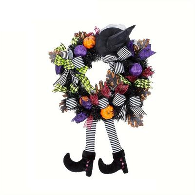 Halloween Wreath-Halloween Wreaths for Front Door-24 Inch Witch Halloween Wreath with Hat Witches Legsl Pumpkin