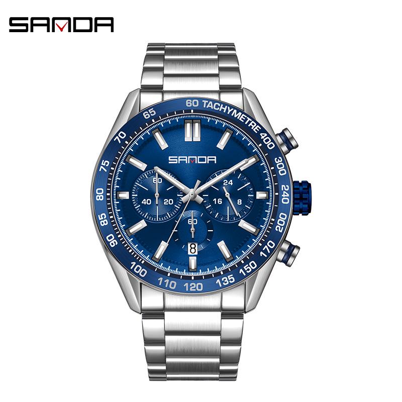 Sanda TEMU Men s Quartz Watch with Steel Band, Three-Dial, Six-Hand, Calendar, and Waterproof Features