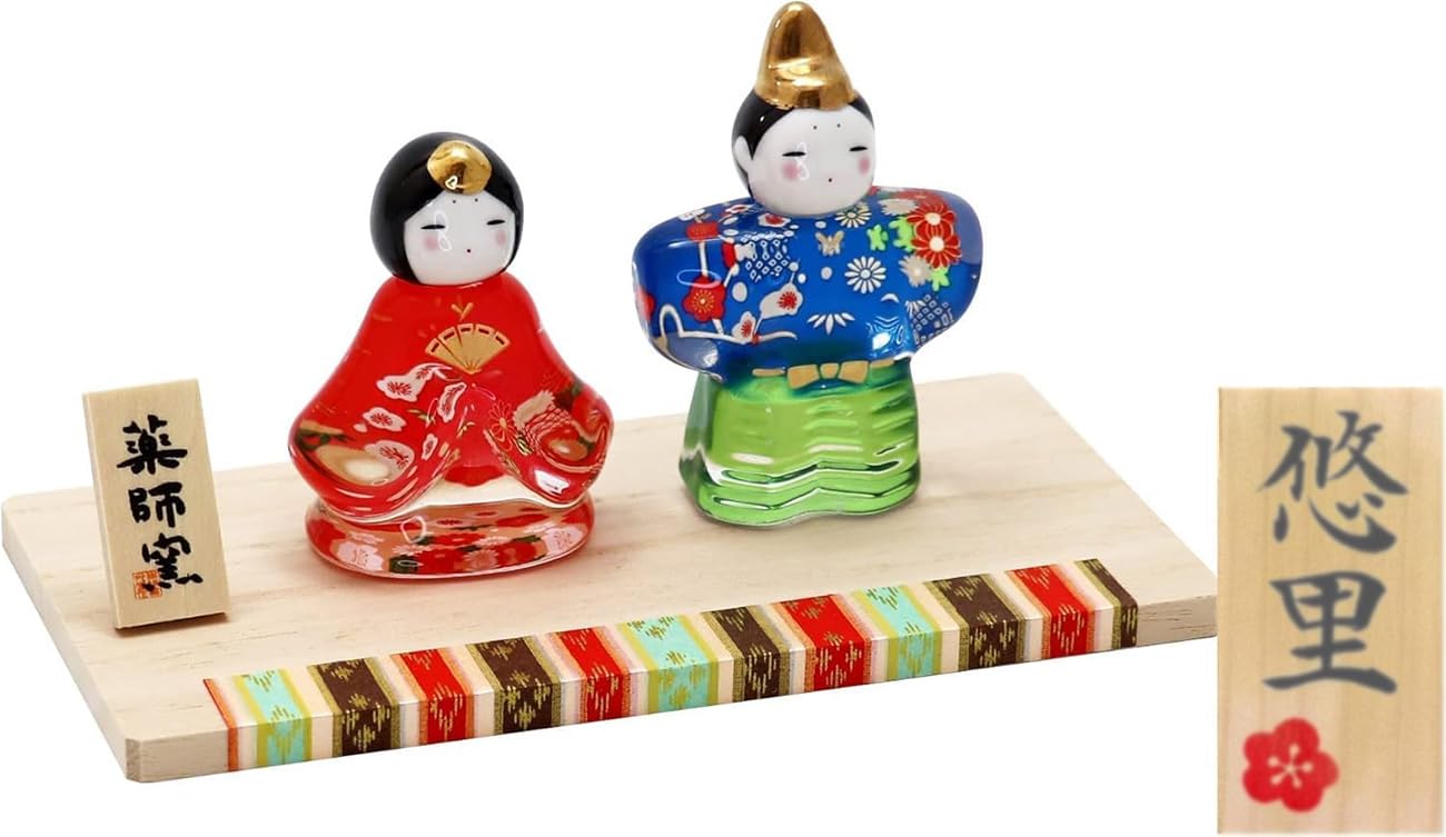 

Osaka Choseido Compact Mini Hina Doll with Personalized Wooden Tag Glass Standing Hina Doll in Hana Yuzen Design (Sent Separately)