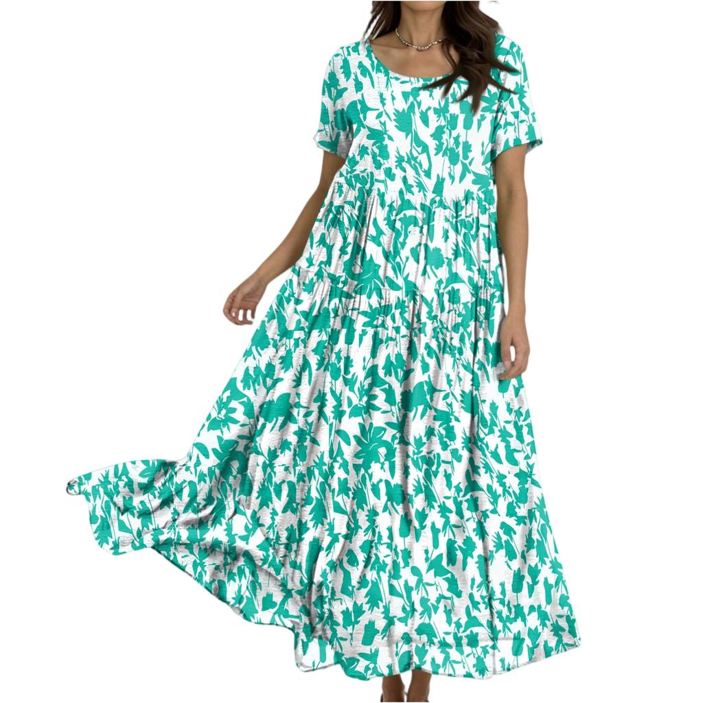 Women Casual Loose Bohemian Floral Dress Short Sleeve Long Maxi Summer Beach Swing Dress