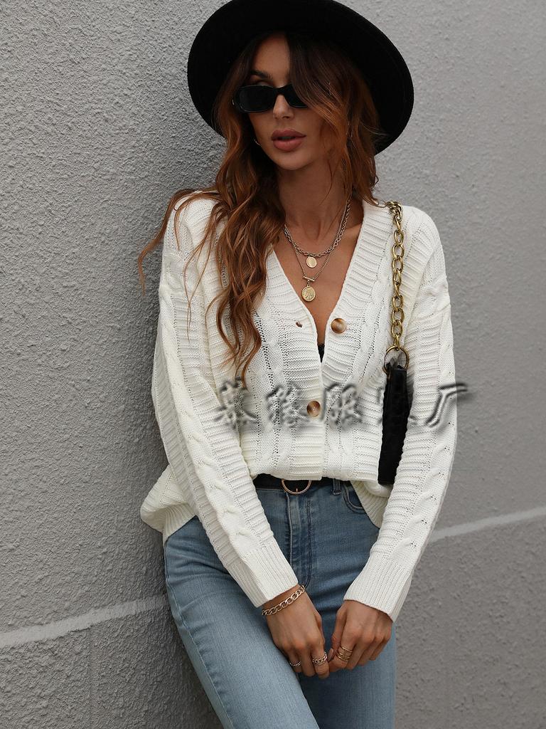 Autumn and winter new European and American button women's clothing loose solid color twisted rope knitted cardigan women's sweater women's