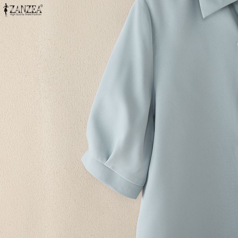 ZANZEA Women Turn Down Collar Summer Half Sleeve Patchwork Blouse