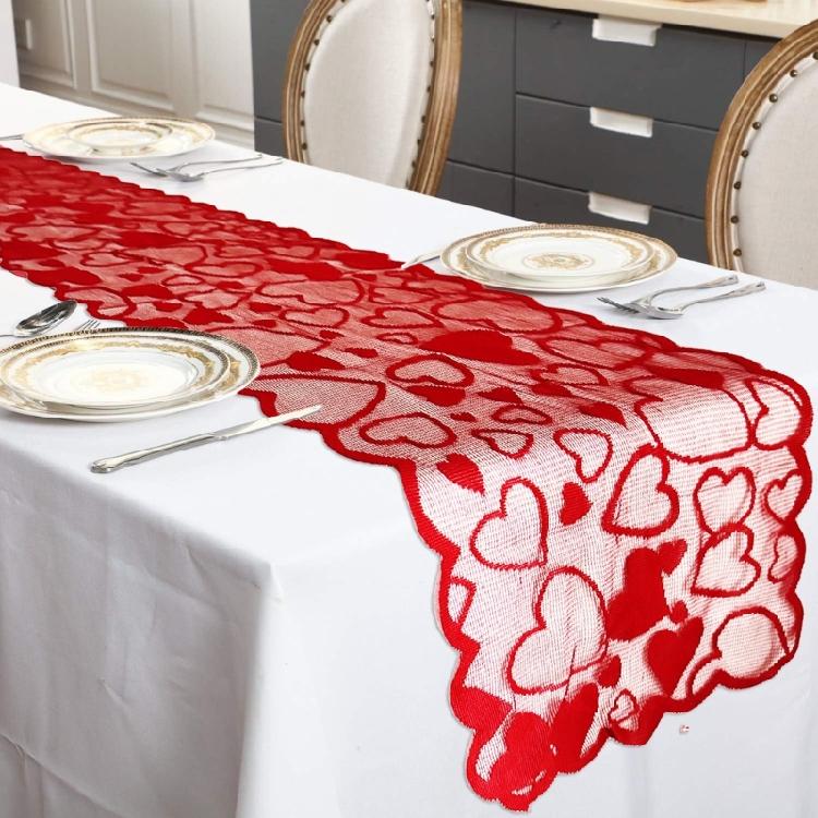5Pcs Valentines Theme Lace Table Runner and Placemat Set with Heart Pattern Romantics Weddig Anniversaries Dinner Decors