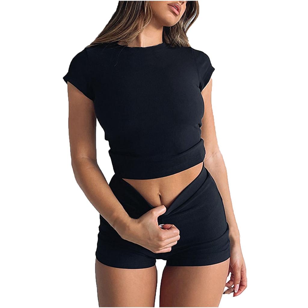 Damenmode Einfarbig Kurzarm Top Kurze Hosen Set Set Sport Sets