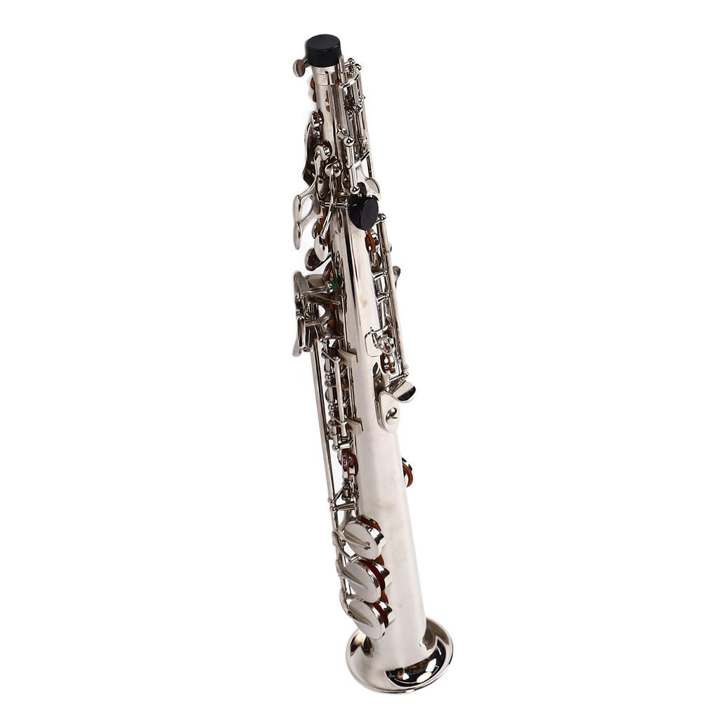 Soprano Bb Saxophone Straight Sax Set with Brass Pipe Body White Keys Woodwind Instrument Silver