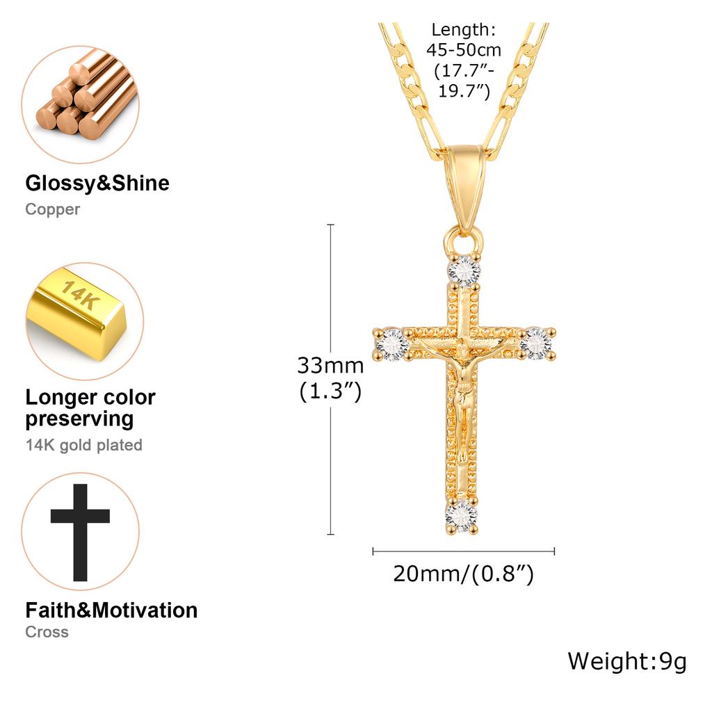 CZ Cross of Jesus Christ Crucifix Pendant Necklace, Figaro Chain Adjustable, Women Catholic Jewelry