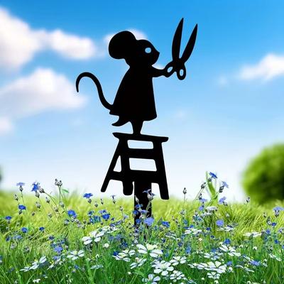 1 Stück Metall Gartenstecker Silhouette - Maus mit Schere Design. Dekorative Kunst Rasen Hofschild. Kreative Skulptur Ornament.