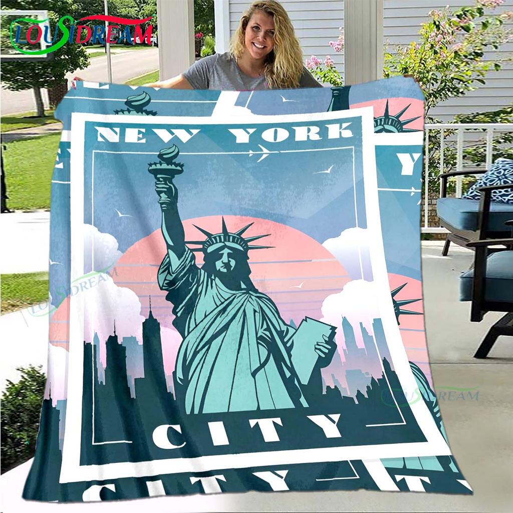 Fashion Statue of Liberty Pattern Blanket Flannel Thin Blanket Portable Home Travel Office Lunch Break Blanket Birthday Gift
