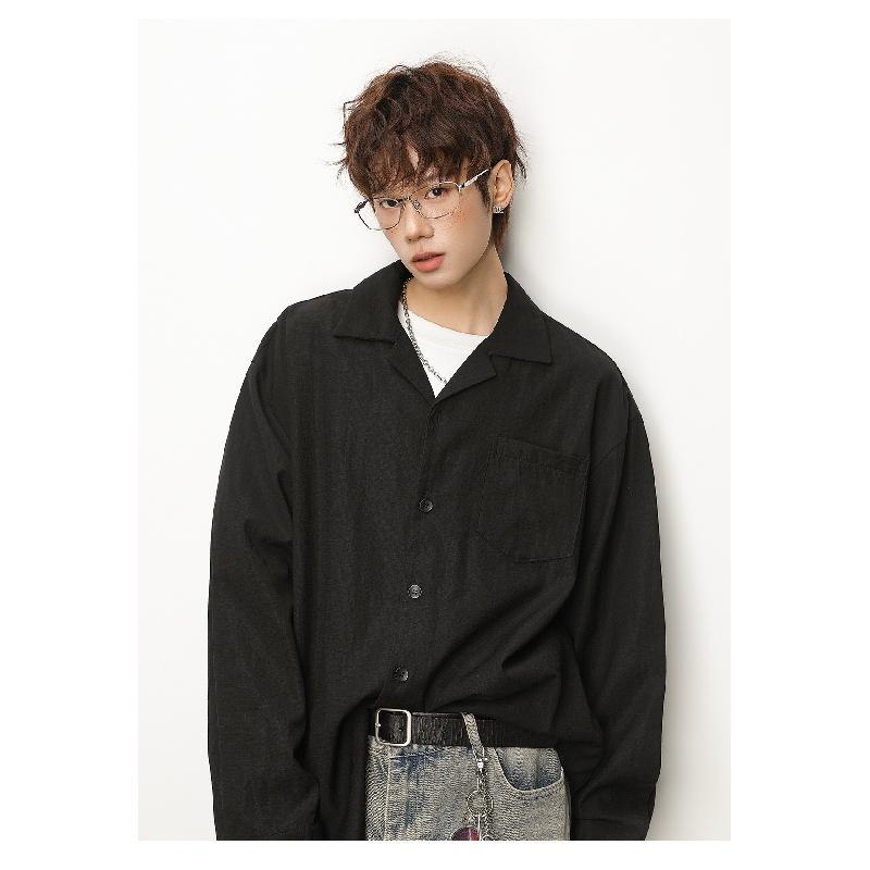 New long-sleeved shirt for men, spring style, textured slightly wrinkled linen feel shirt, simple drapey jacket