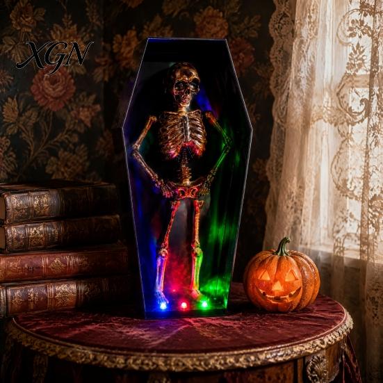 Automatic Dancing Skeleton Halloween in Casket, Light Up Musical Toy with Desktop Decoration LED Lights, Spooky Animated Decor, Party Haunted