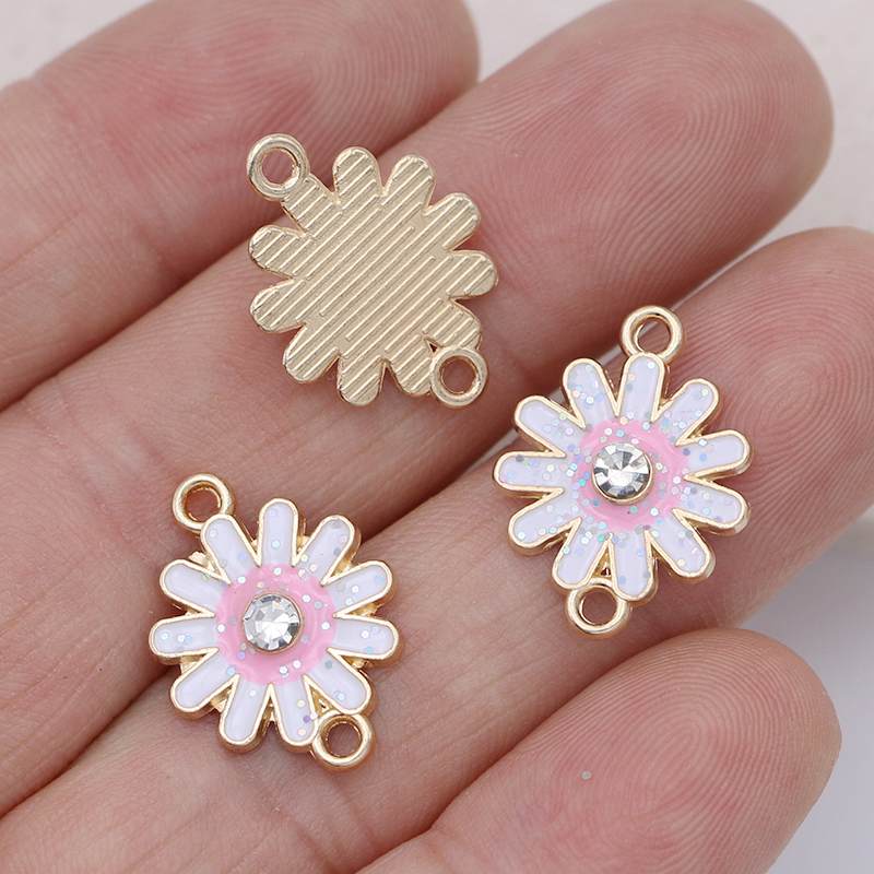 10Pcs Gold Plated Crystal White Pink Enamel Flower Charm Connectors For Jewelry Making Bracelet Findings Diy Accessories