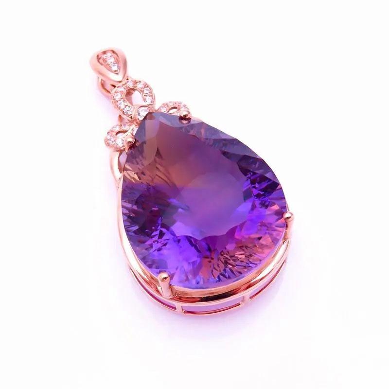 Purple Gold Purple Yellow Stone Pendant, Shiny Egg Surface, Water Drop Shaped Rose Gold Plated Necklace.