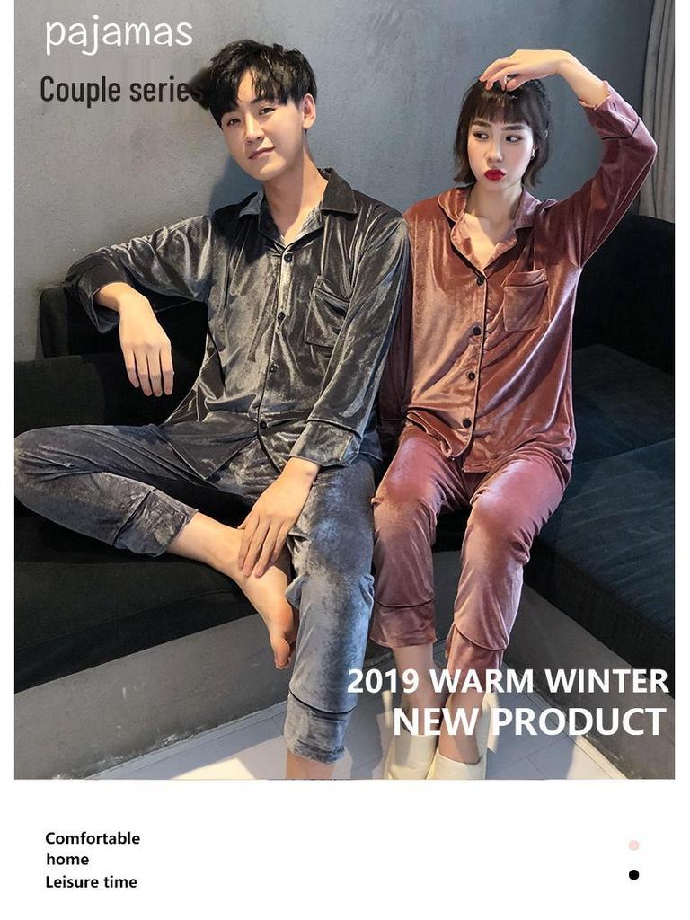 Couple's Gold Velvet Pajamas: Thin Fleece Two-Piece Set for Women & Men - Long Sleeve, Solid Color, Perfect for Spring & Autumn Homewear