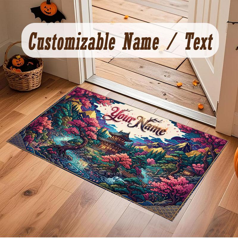 Mushroom Forest Theme Crystal Velvet Floor Rug Personalized Custom Name Text Warm Carpet Home Decoration