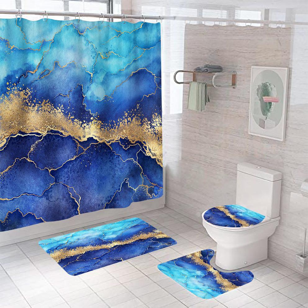 Bathroom Shower Curtain Four-piece Digital Printing Marble Waterproof Shower Curtain Toilet Partition Curtain Bath Mat