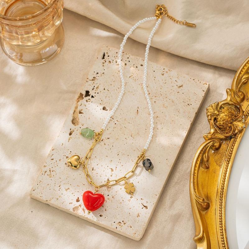 K Gold Plated Stainless Steel Leaf Red Heart Multi Pendant Necklace For Women