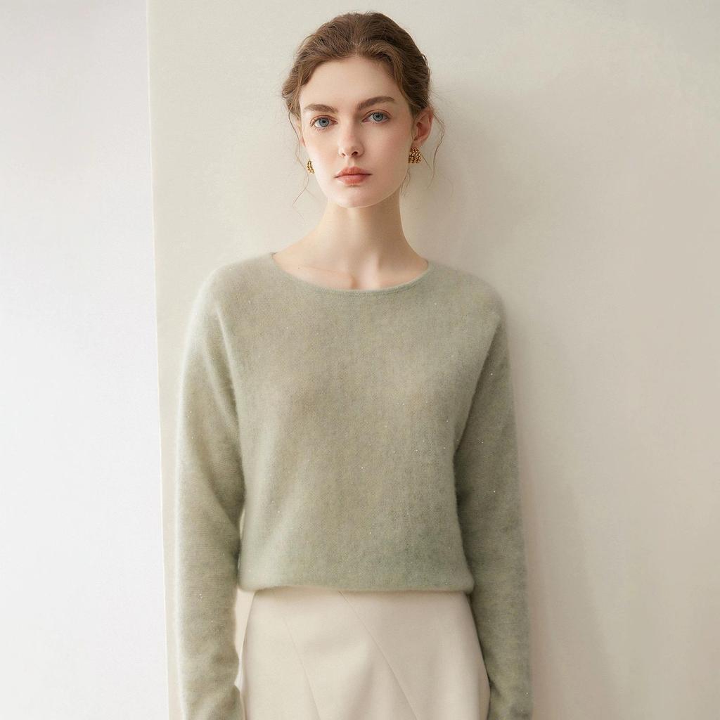 Women's Cashmere Sequin Knit Sweater - Autumn/Winter Low Round Neck, Loose & Slimming Fashion Top