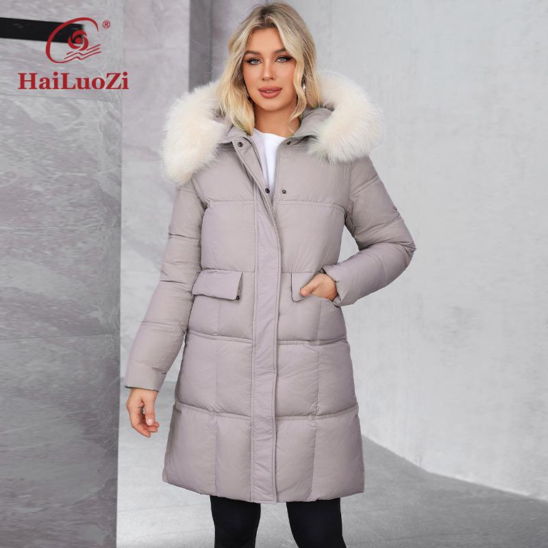 HaiLuoZi 2024 New Women's Winter Coat Faux Fur Collar Hooded Thickened Organic Cotton Jacket Solid Color Large Pockets Ladies Jacket 626