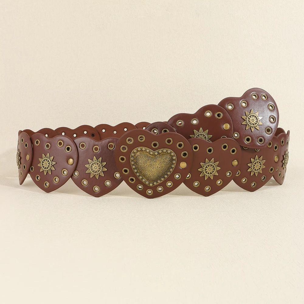 Y2k Cowgirl Waist Belt Wide Side PU Leather Waistbands Love Heart Patchwork Waist  Jeans Decor
