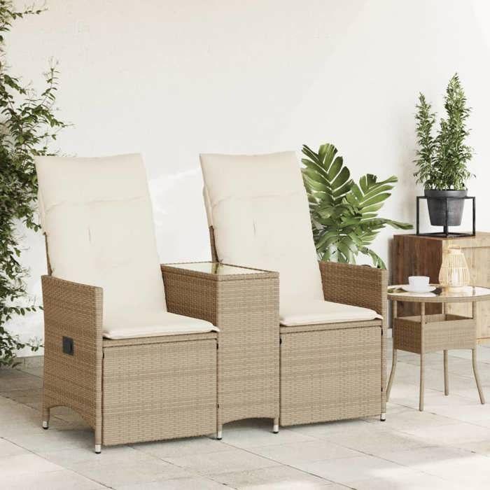 VidaXL Canapé de jardin inclinable 2 places avec table beige rotin, canapé de jardin, siège de jardin, meuble d’extérieur, 365713