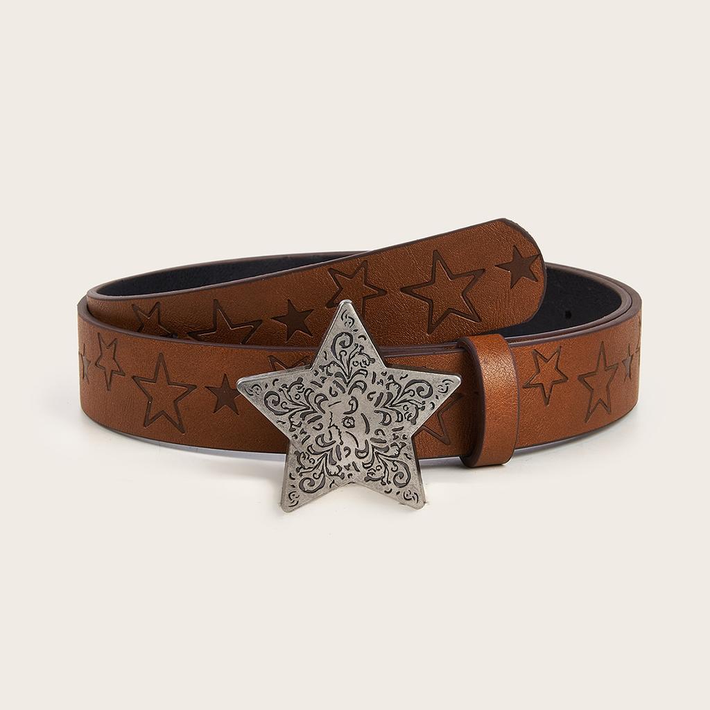 European American Style Edgy Everyday Brown Textured Snap-Closure Belt Fashionable Star Print Pattern Unisex Leather Belt