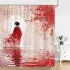 Chinese Japanese Ink Painting Shower Curtain Red Plum Blossom Art Painting Retro Style Polyester Shower Curtains Bathroom Decor