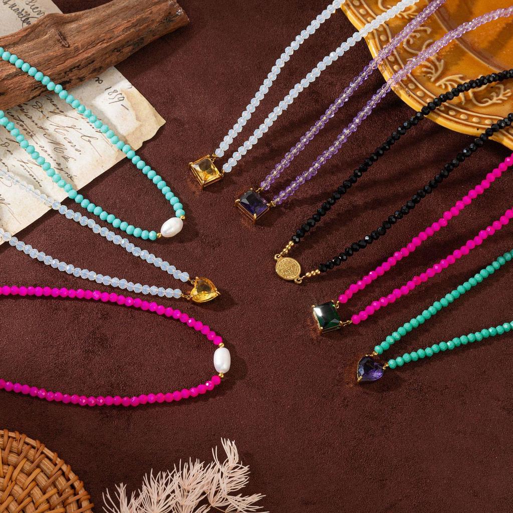 Colorful Geometric Square Beads Crystal Necklace with Zircon Heart Design