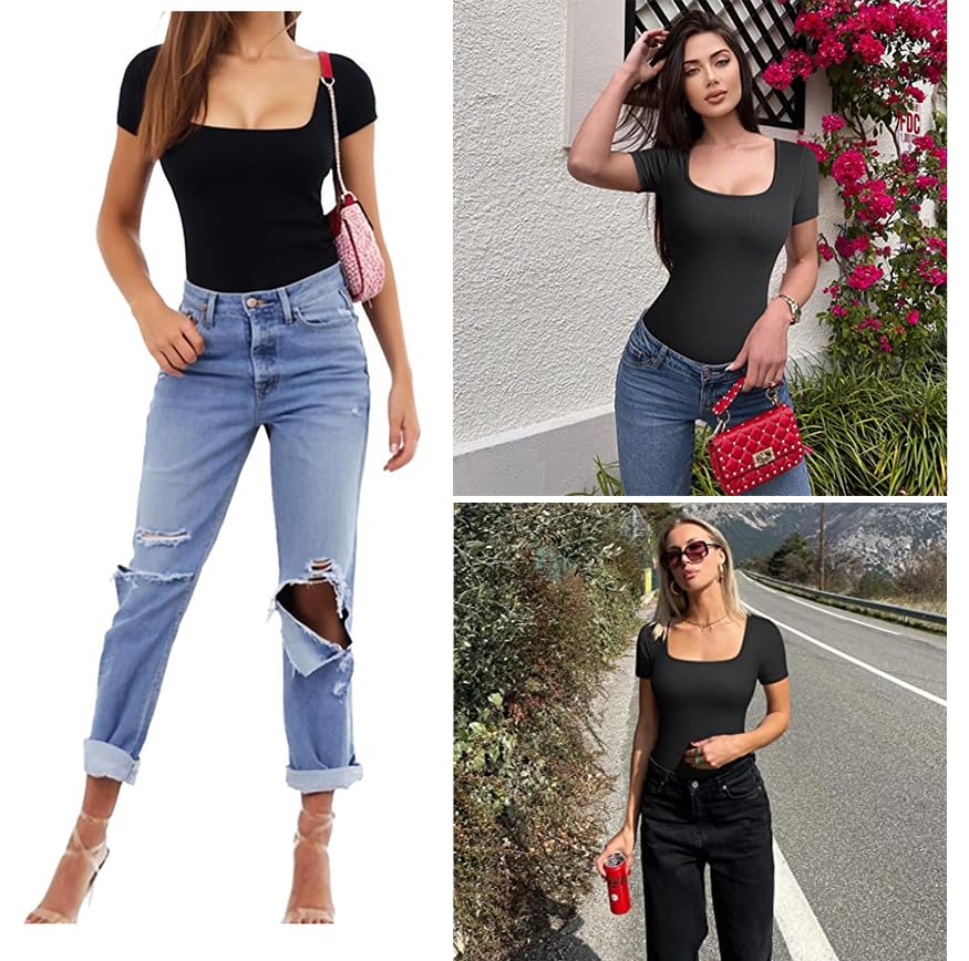 SweetPOP Square Neck Yoga and Everyday Open Short High Leg Leotard Size Bodysuit, Clothes, Loungewear, Wear, Moisture-Wicking, Crotch, Sleeves,