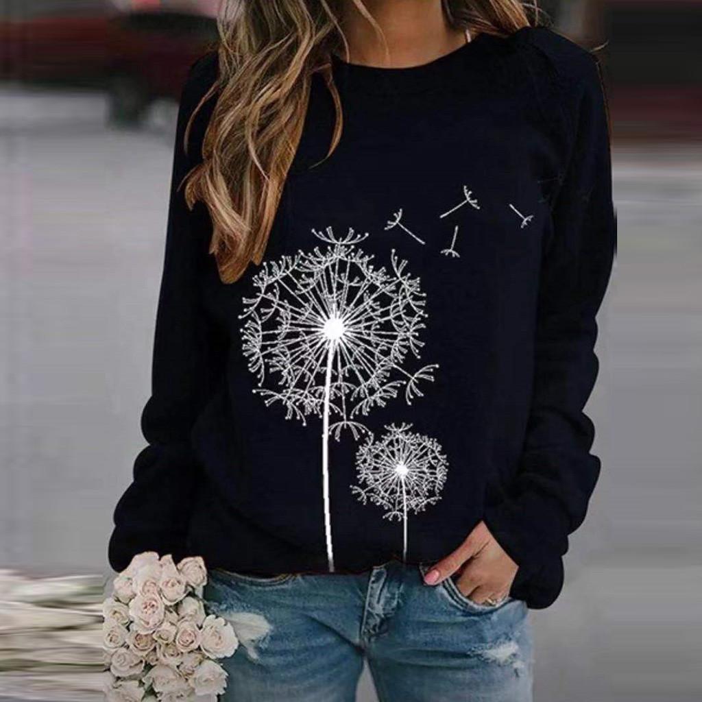 

Женская модная блузка с принтом одуванчиков, топы, толстовка с длинными рукавами XL тёмно-синий