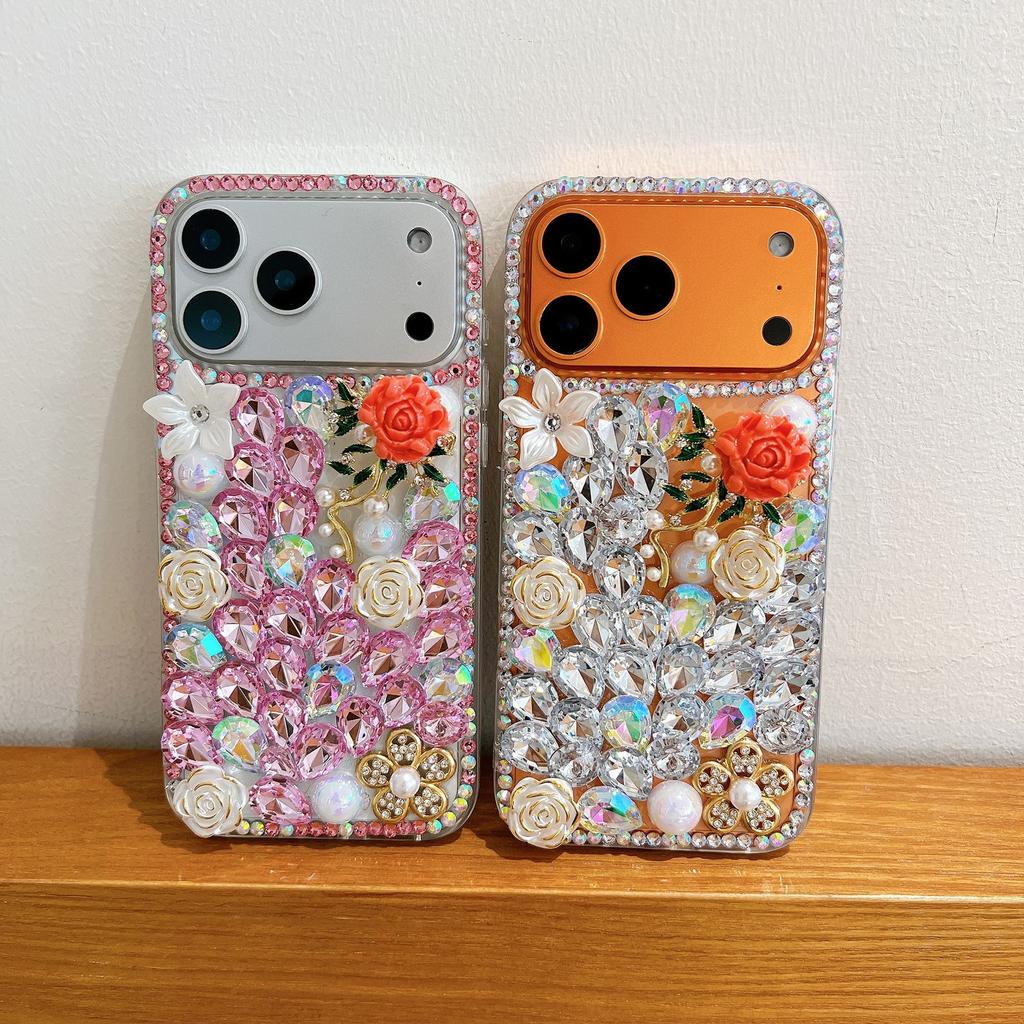 Luxury 3D Bling Rhinestone Floral Phone Case For iPhone 17 16 15 14 13 12 11 Pro Max Air mini 16e 8 7 Plus X XS XR, Crystal Diamond Rose Glitter Cover