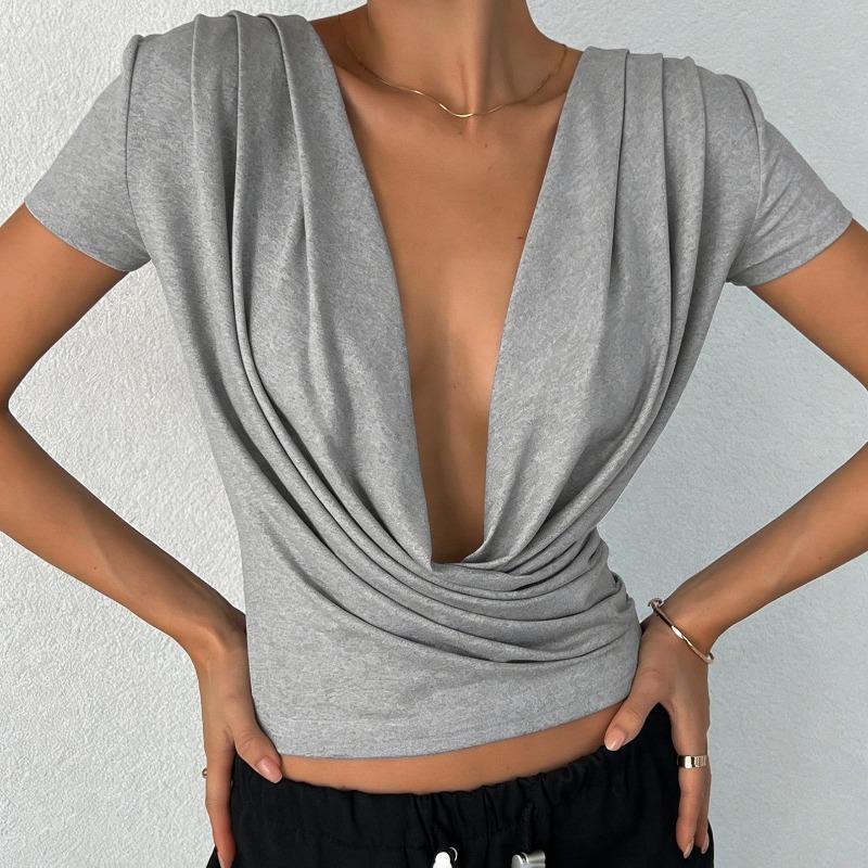 Sexy Deep V Neck Pleated Solid Short Sleeve T Shirt For Women