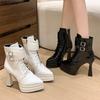 Pu Leather White Women's Lace Up Ankle Boots Belt Buckle Design Chunky High Heel Fashion Booties Street Style Ladies Footwear