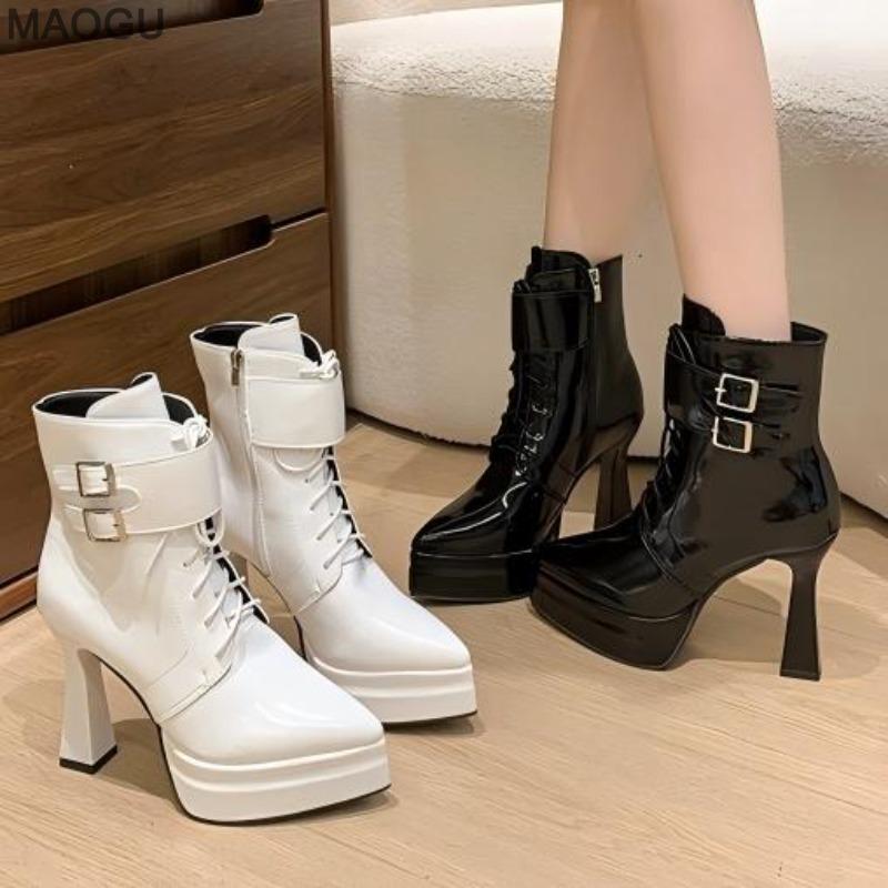 Pu Leather White Women's Lace Up Ankle Boots Belt Buckle Design Chunky High Heel Fashion Booties Street Style Ladies Footwear
