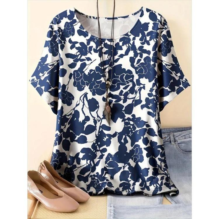 Women Plus Size Floral Print T-Shirt Relaxed Fit Short Sleeve Vibrant Pattern Spring Summer Outings Casual Comfortable Top