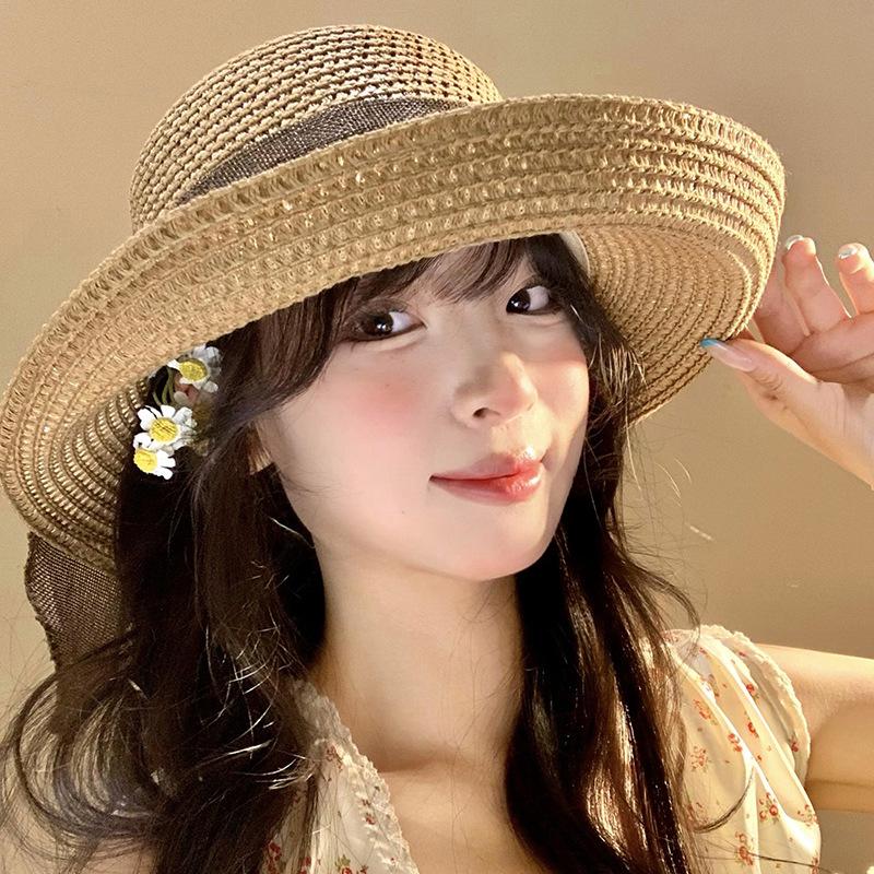 Bow Streamer Straw Hat Women's Summer Seaside Beach Vacation Wind Sun Hat French Retro Sunshade Sun Hat