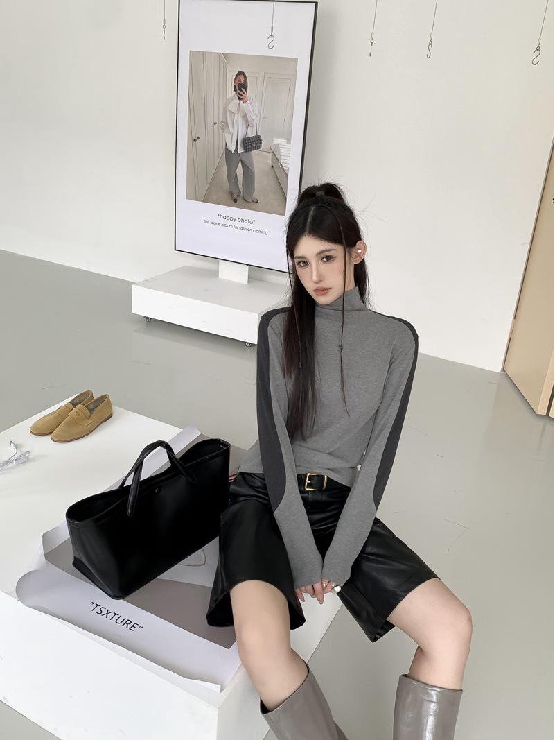 2025 Winter High-End Color Block High Neck Slimming Long Sleeve Base Layer Top One Size серый