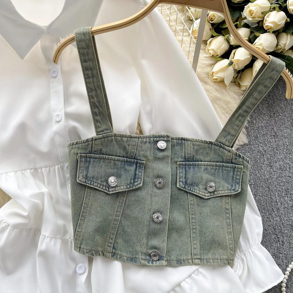Koreansk Seriekläder Återupplivande Tvådelat Set Topp Retro Kort Jeansväst Trendigt Allmatchande Mellanlångt Skjortset