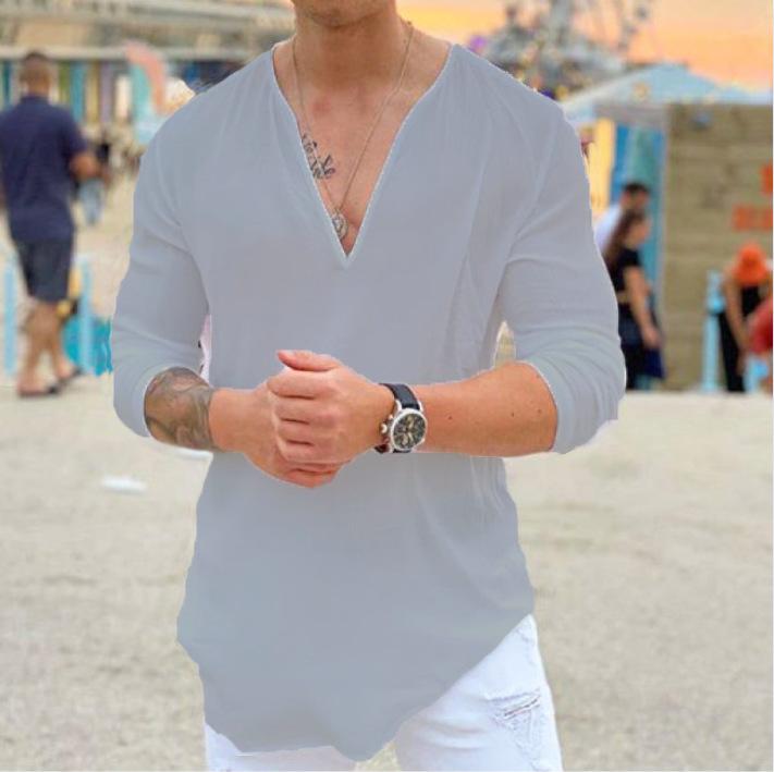 2025 European & American Men's V-neck Casual Solid T-shirt Fashion Trend