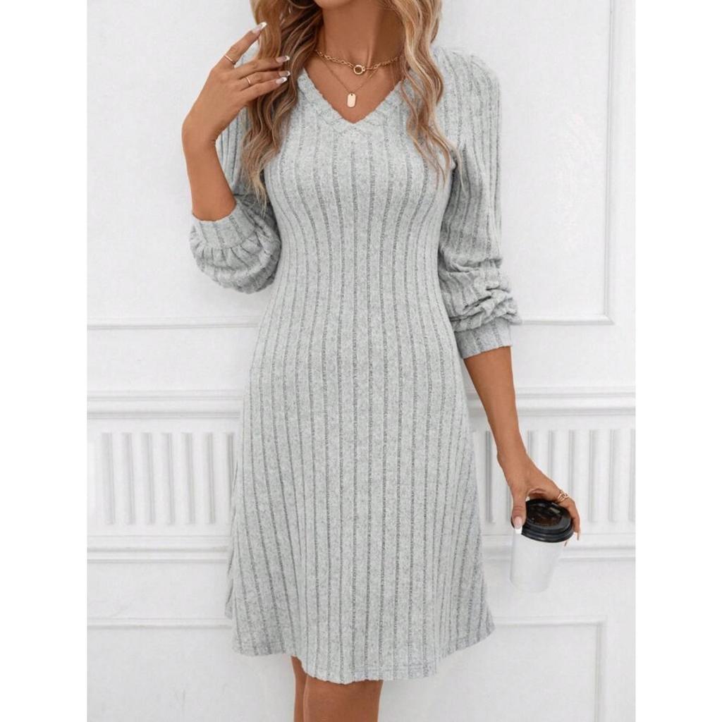 GMXIA Autumn Winter Solid Color Women's V-neck Long Sleeve Knitted Pit Strip Loose Fashion Dress