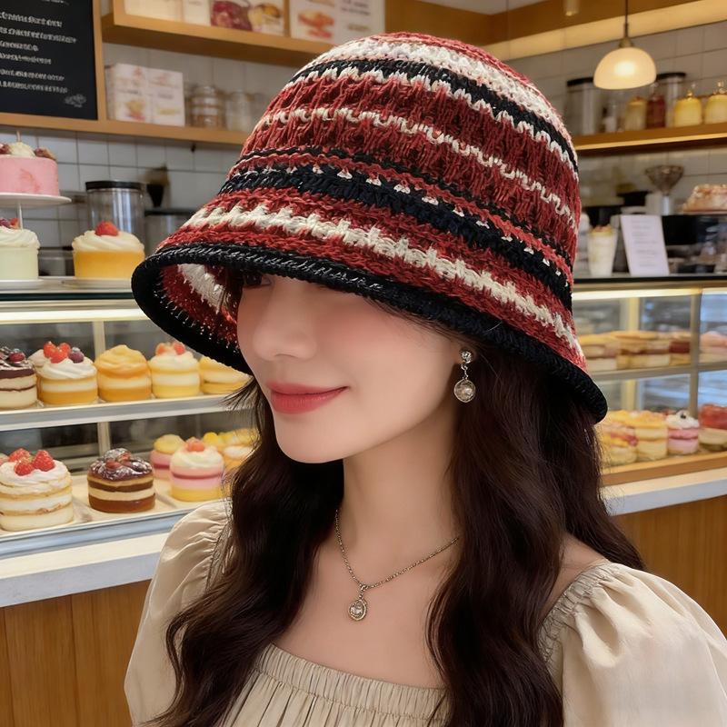 New bucket hat women's summer sunshade sunscreen straw woven basin hat versatile face small wide brim woven hat