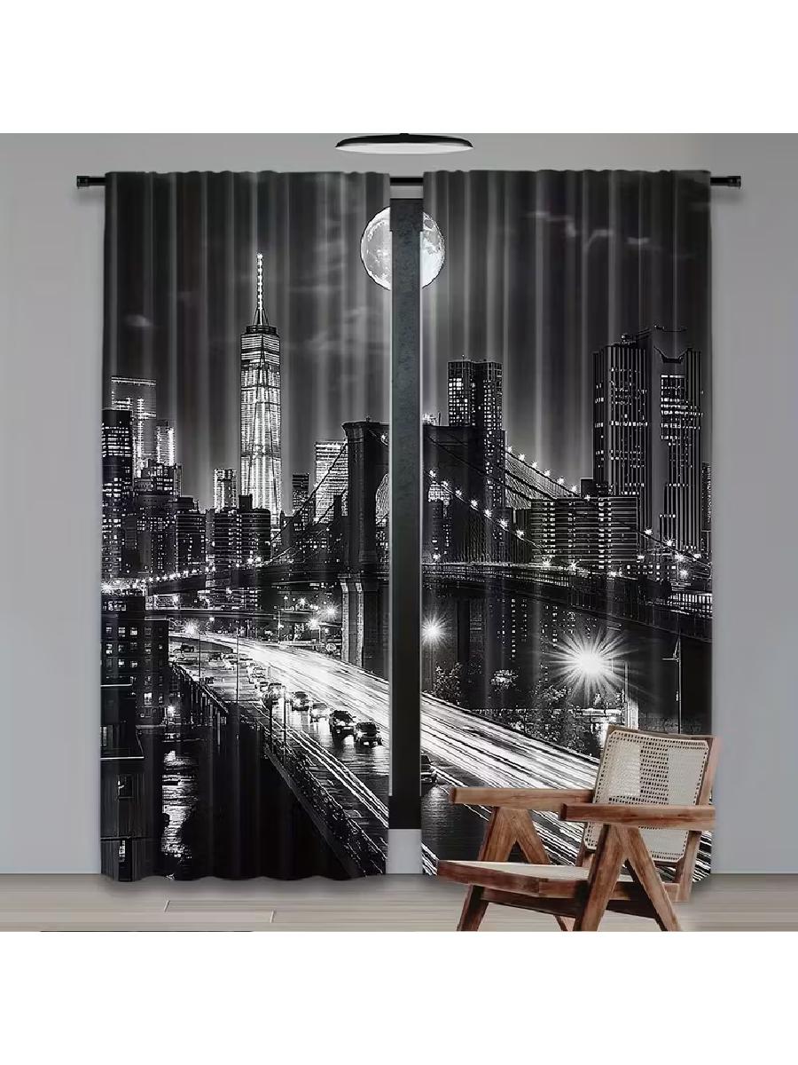 

Set Of 2 Stylish Black White Cityscape Moon Pattern Curtains Designed Light Blocking Premium Material Suitable Living Curtain Polyester W100*H70(CM)-Hooks&2PCS