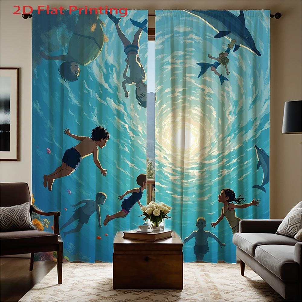 Set Of 2 Flat Printing Curtains Swimming Ocean Blue Pattern Cartoon Style Curtain Polyester Fabri Made
