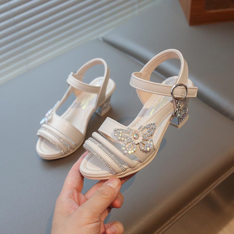 Girls' Summer Sandals with Rhinestone Butterflies, Children's Fashionable High Heels, Versatile Princess Style