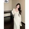 Royal Sister High-end Ruffle Leaf Edge V-neck Long-sleeved Knitted Dress with Bottom and Slim Hip-wrapped Long Dress Inside, Autumn and Winter
