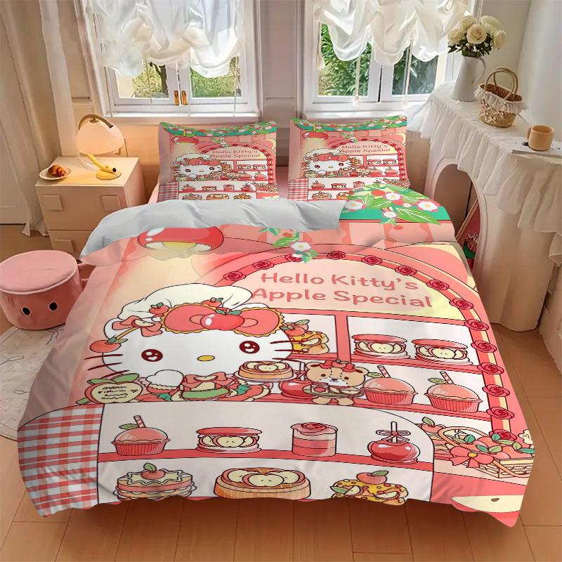 3pcs Sweet Celebration of Flavors and Friends Hello Kitty Quilt Cover Set - Soft & Comfortable Polyester Fabric, All-Season Breathable Comforter