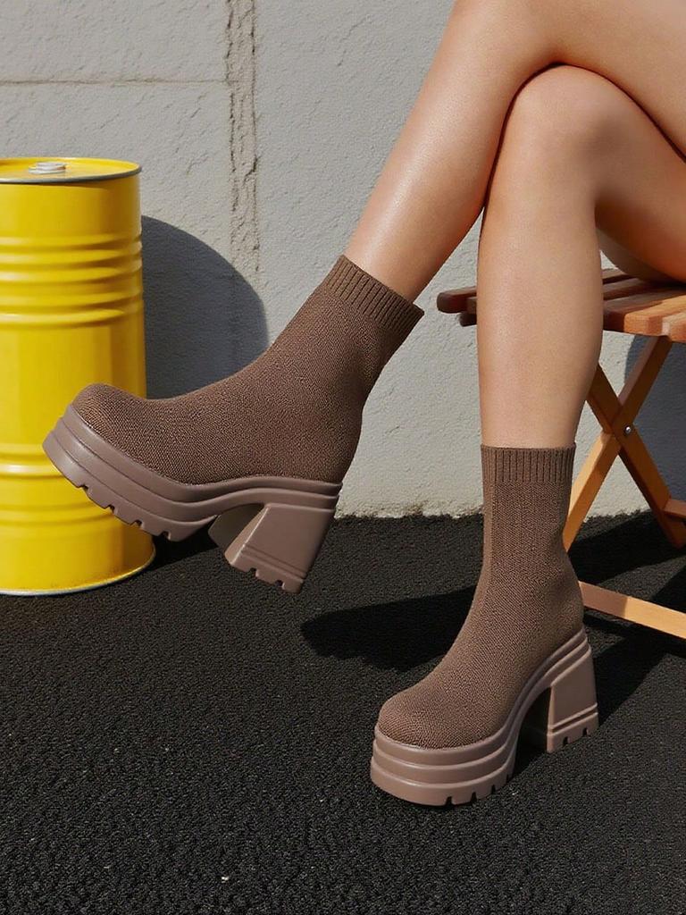 Women'S Casual Slip-On Knitted Ankle Boots High Heel Thick Bottom Fashion Platform Short Sock  Boots Dress Breathable Shoes