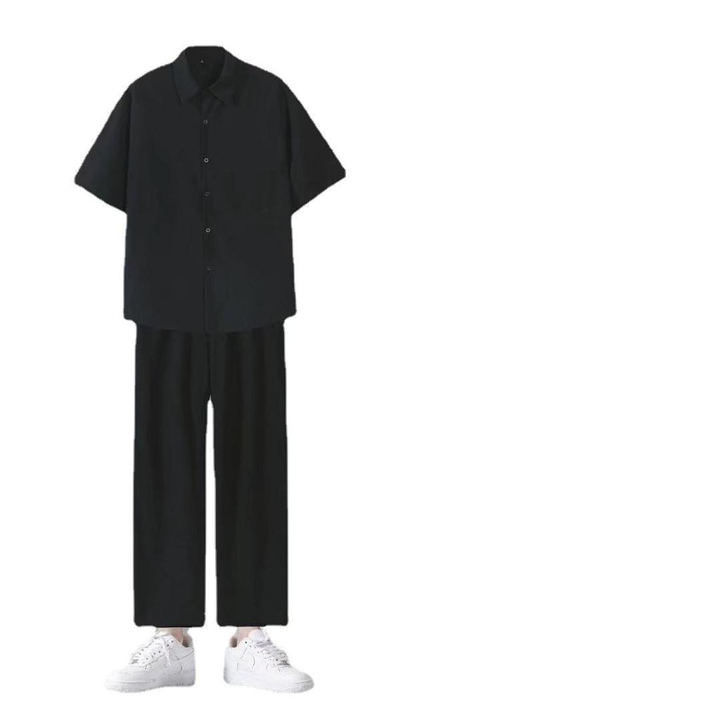 Men's Summer Punk Style Two-Piece Set: Short Sleeve Shirt and Wide-Leg Pants