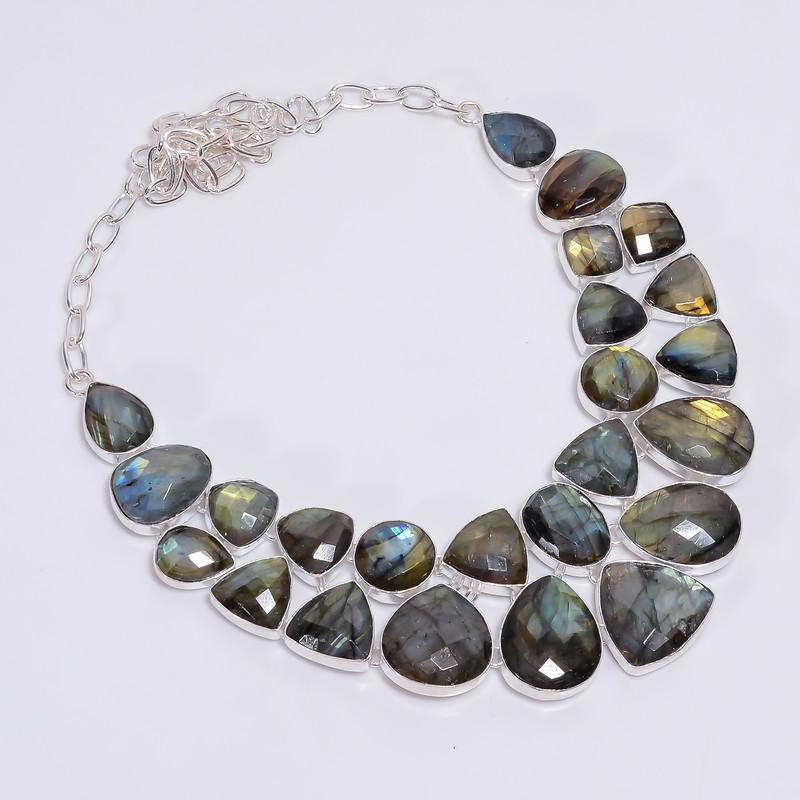 

Fabulous Top Grade Qualite 100% Natural Labradorite Ethnic Style Handmade Jewelry 925 Steling Silver Plated Necklace 21 WSJ-4801 срібний