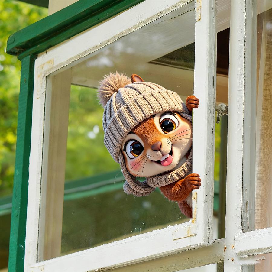Static Cling Cute Squirrel Peeking Window Sticker for Home Glass Door Decor
